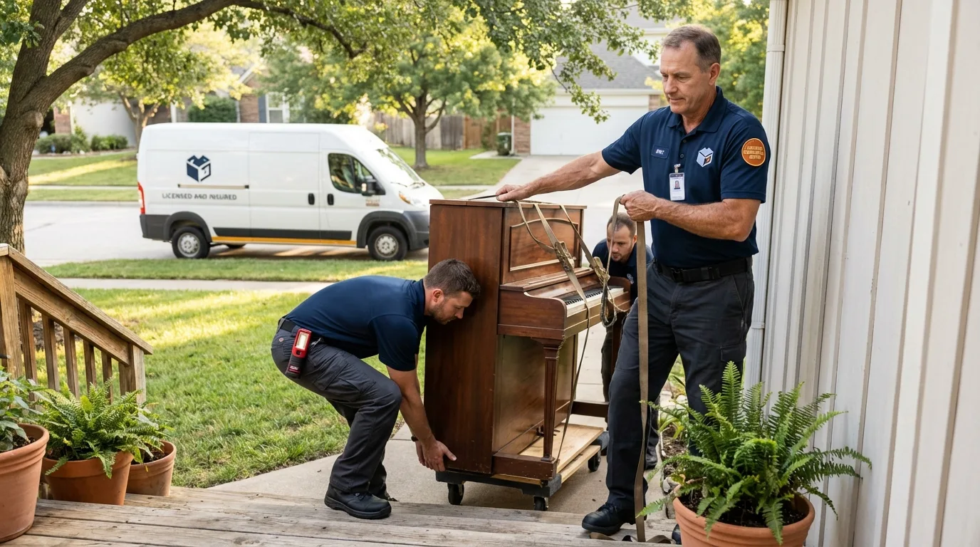 Licensed piano movers securing grand piano in Wheeling, WV
