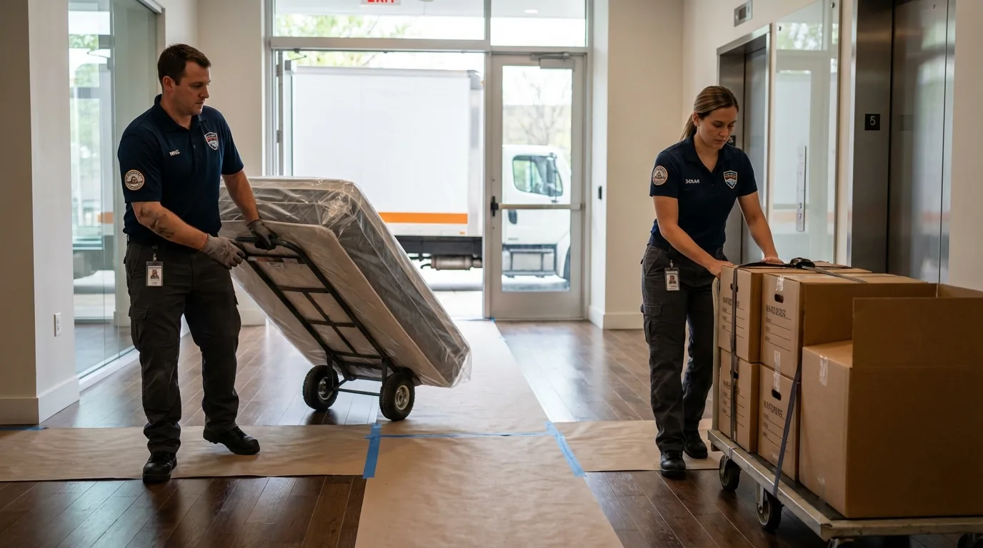 Professional apartment movers loading elevator in Wheeling, WV